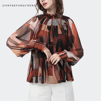 

Vintage Bohemian Style Women' Blouse Loose Long Sleeve Stand Neck Knitted Top 100% Nylon Causal Brown Printed Plus Size Blouses