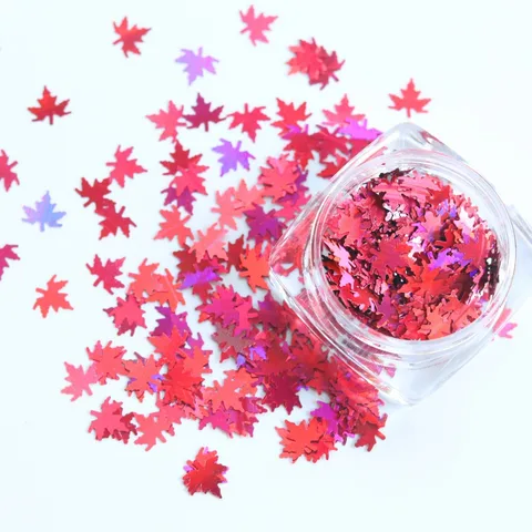 box with 12 styles of color laser maple leaf nail sequins Holographic Metallic Leaf Glitter Sequin Nail Art Patch Decoration
