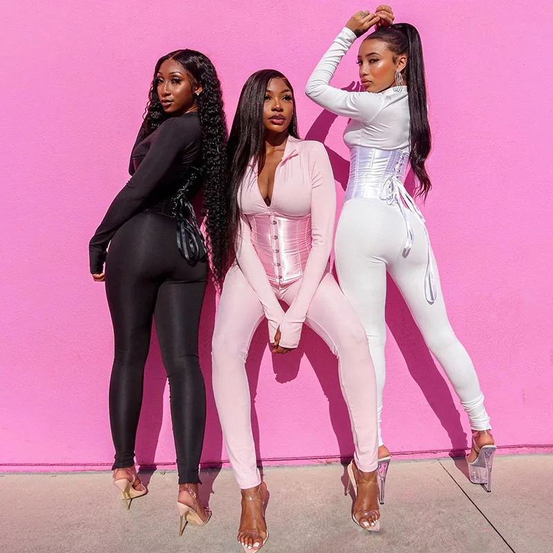 

Autumn Solid Color Sexy Long Sleeve Skinny Jumpsuit Corset Zipper Casual Jumpsuit Corset Suit Women Romper Bodycon Playsuit