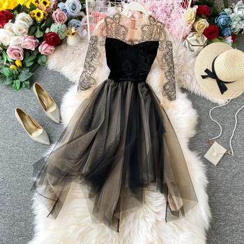 

Women's Banquet Dress Spring Autumn New Temperament Fairy Lace Mesh Patchwork Sexy Dress Irregular Hem A-Line Party Dress ML691