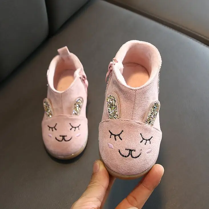 Autumn winter new children's Pu leather snow boots sequins cartoon rabbite slip children's warm cotton boot - Цвет: Picture color