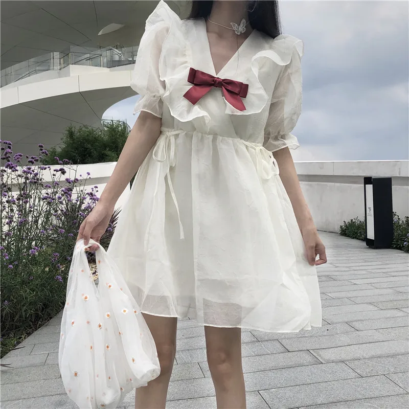 French Summer New Temperament Dress Sweet V-Neck Bow Tender Girl Puff Sleeve Dress Sweet Bandage Bow Women Party Bud Dresses