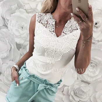 

Summer New Woman T-shirt Fashion Sexy V-Neck Lace Stitching T-Shirt Sleeveless Solid Casual Women Tops High Quality tshirt