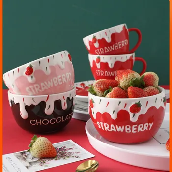 

Cute Strawberry Ceramic Bowl Fruit Salad Bowl Yogurt Dessert Bowl Tableware Rice Bowl Single Oatmeal Breakfast Bowl