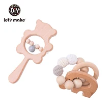 Let's Make — Hochet en bois et anneau de dentition, jouet pour bébé, billes en hêtre, en forme d'ours, chaîne pour tétine, fait de la musique, 2 pièces par lot