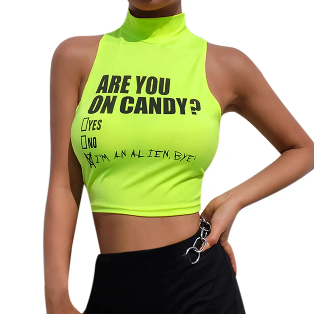 Женский облегающий топ с надписью ARE YOU ON CANDY Топ без рукавов высоким воротом