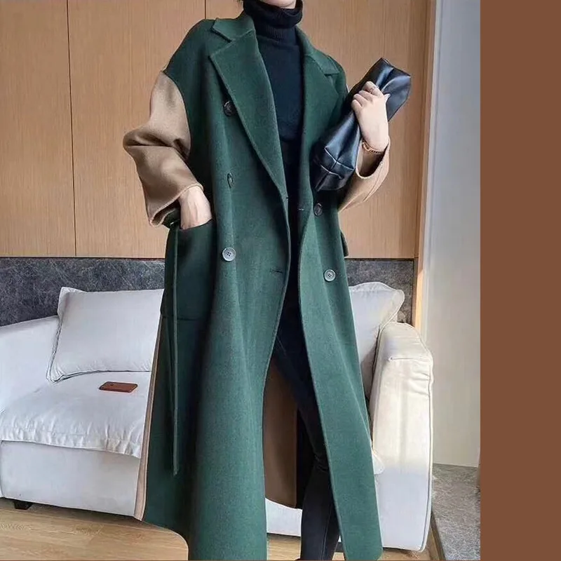 

Wool 2021 Women Autumn and Winter Coat Women Double-sided Wool Coat Long Double-breasted Pocket Loose