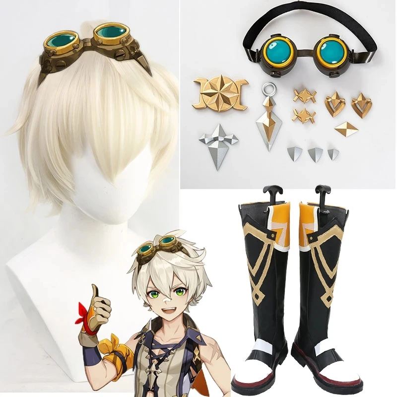 

Anime Genshin Impact Bennett Cosplay Wig Bennett Cosplay Shoes Boots Halloween Carnival Wg glasses Props