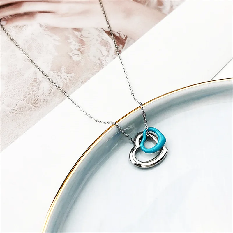 

S925 Fine Silver Blue Drip Glaze Hollow out shuang tao xin Necklace Cool Fashion Simple Women's Choker