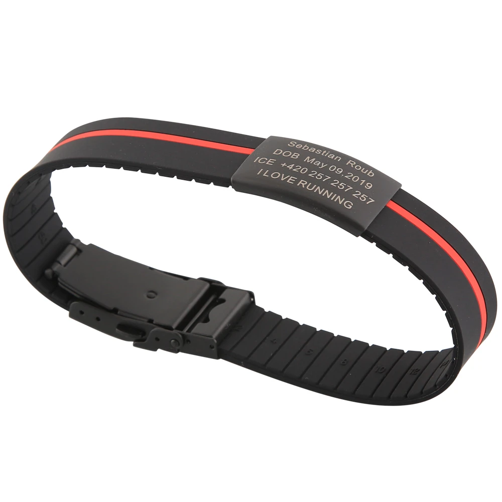 Black-Red Детский SOS ID Защитный Браслет персонализированный пользовательский черный браслет детский гравированный силиконовый браслет на запястье Детский мальчик - Окраска металла: Black-Red