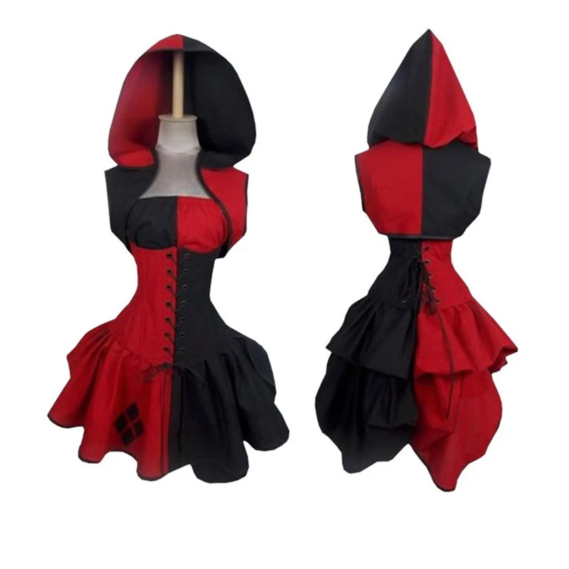 

Vintage Women Dress Sleeveless Hooded Dresses Halloween Cosplay Costumes Made Harley Quinn for Women Medieval Dresses