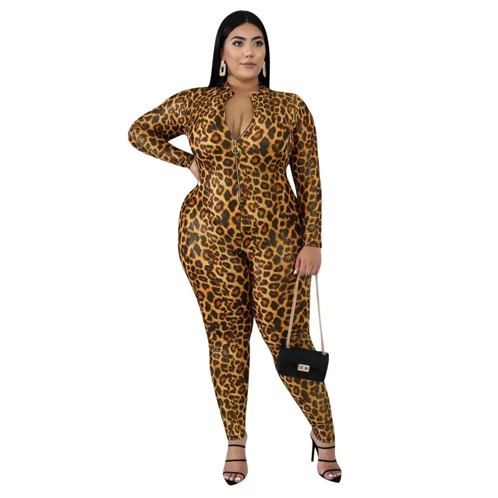 Adogirl XL 4XL размера плюс женский леопардовый комбинезон на молнии спереди с длинным