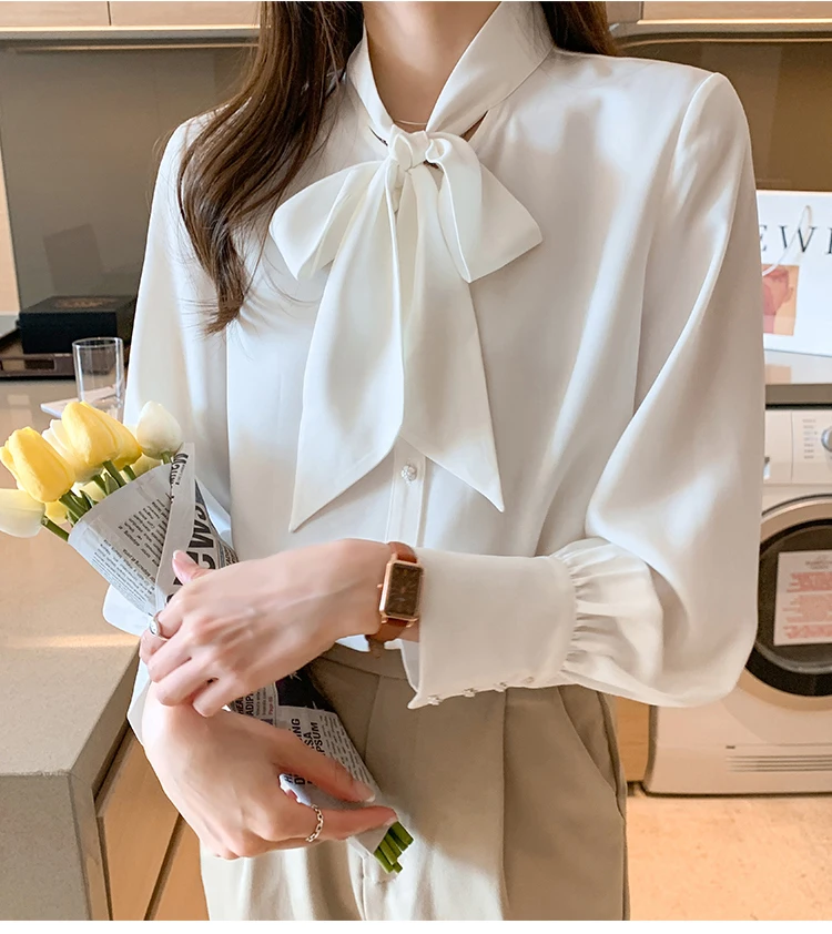 H Han Queen New Arrival Shirt Womens Blouse Vintage Work Casual Tops Chiffon Blouse Bow Elegant Loose Women Business Shirts 2021 white long sleeve top