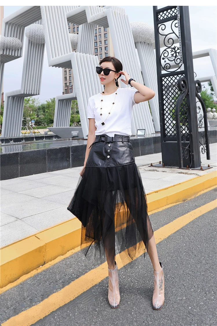 Genuine Leather Skirts Casual Buckle Belted Mesh Overlay Frill Detail Midi Skirt Autumn Women Streetwear Out Going High Waist
