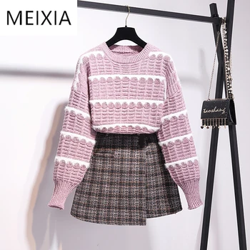 

MEIXIA 2020 Autumn Winter Two piece set Casual O-neck Stripe Loose Top + Skirt Mini Plaid Belt Fashion A-line Set 2 Piece Set