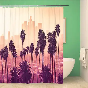 

Bathroom Shower Curtain City Los Angeles Skyline Palm Trees in The Foreground Sunset Polyester Fabric 72x78 inches Waterproof