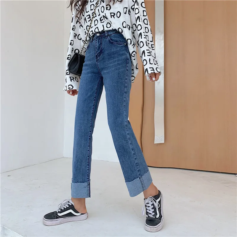 S-xl 2 цвета осенние расклешенные джинсовые брюки с высокой талией Классические винтажные джинсы женские повседневные брюки с широким клешем(Z8785