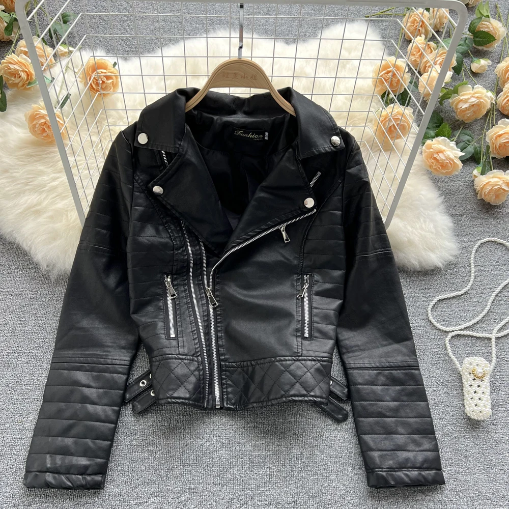 Women Faux Leather Jacket Autumn New Ladies Notched Collar Zipper Slim Black Pink Pu Leather Jacket Fashion Motorcycle Jacket black down jacket