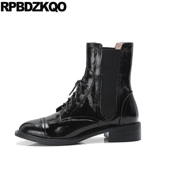 

shoes short black 2019 round toe patent leather chunky women japanese chelsea low heel front lace up casual ankle boots autumn