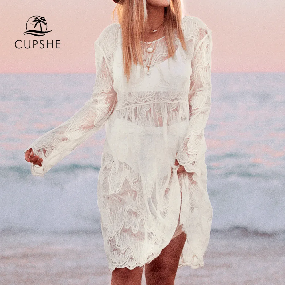 

CUPSHE White Patterned Sheer Cover Up Woman Sexy Lace See-through Tunic Beach Dress 2019 Summer Bathing Suit Women Beachwear