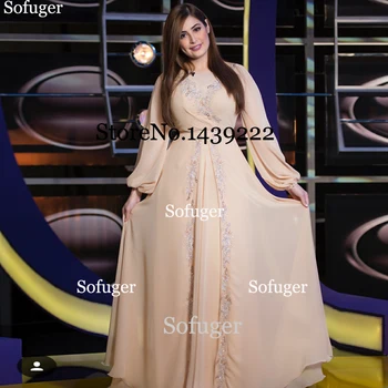 

Champagne Deep V Neck Evening Dresses Puff Sleeves Appliques Saudi Arabic Special Occasion Evening Formal Prom Party Gown