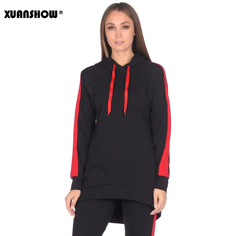 XUANSHOW New Autumn Winter Female 2 Piece Set Tracksuit For Women Long Sleeve Long Hoodies+Pants Two Piece Set Outfit Women Suit - Цвет: BlackandRed