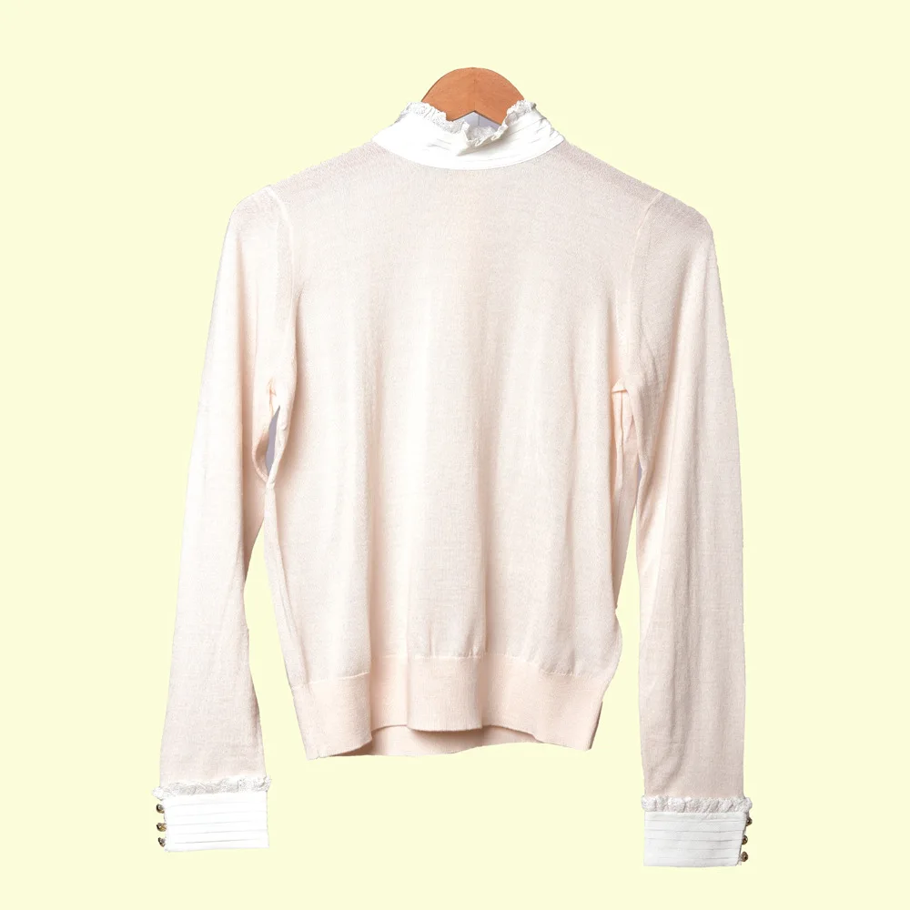

2019 Autumn Women's thin Knitted Sweater Lace Turtleneck Elegant Ladies Patchwork Long-Sleeved Pullover Tops With Button
