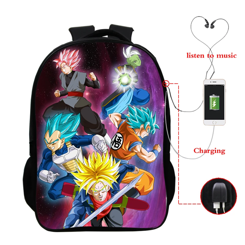 Школьные сумки аниме Mochila Dragon Ball рюкзак Многофункциональный USB зарядка Разъем для наушников Супер Саян Гоку Вегета рюкзак для путешествий