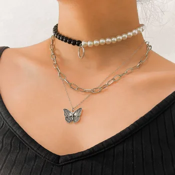 

accessories punk bump color cross chain sautoir female melange asymmetric butterfly imitation pearl necklace