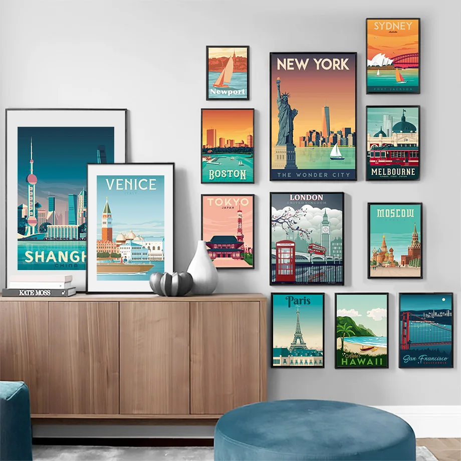 World Famous Tourist Cities Canvas Painting Paris London New York Tokyo Wall Art Vintage Posters and Prints Pictures Home Decor | Дом и сад