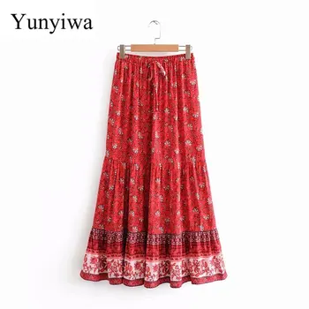 

New Women Holiday Floral Vestidos Pleated Midi Skirt Faldas Mujer Autumn Ladie Elastic Waist Lace Up Casual Beach Skirts