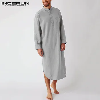 

Men Casual Sleep Robes Long Sleeve Round Neck Sleep Shirts Man Fashion Solid Color Nightgown Fashion Comfy Nightclothes INCERUN
