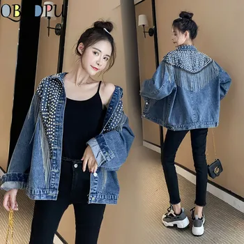 

Spring New Black Blue Denim Jacket Women Loose Fringed Rivet Diamond Studded Jacket Female Tassel Korean Casual Boyfriend Coat