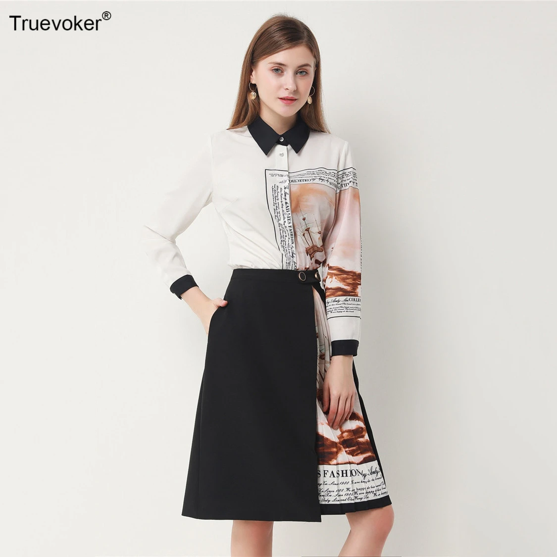 Truevoker, Дизайнерские комплекты для офисных леди, костюмы, Женская модная рубашка с принтом+ драпированная юбка-карандаш до колена, комплекты одежды для близнецов