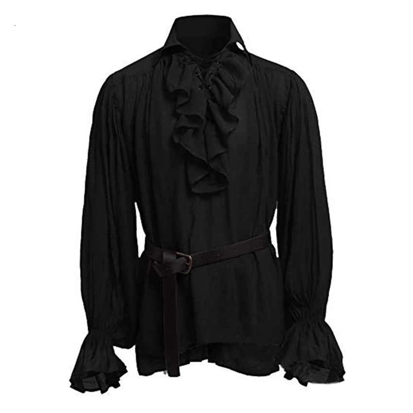 Пират средневековый гофрированный Готический мужские рубашки Стимпанк Викторианский пират косплей костюм в стиле «Ренессанс» на шнуровке футболки