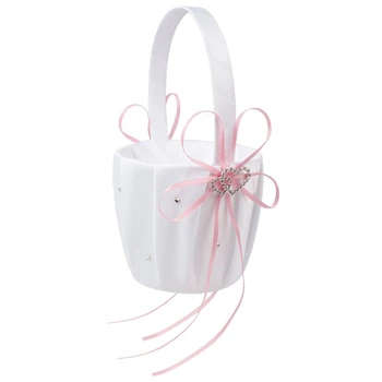 

Double Heart Wedding Flower Girl Basket White Satin Rhinestone Decor Wedding Ceremony Party Favor