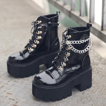 baratas Mulheres Botas De Tornozelo Gótico Zip Estilo Punk Plataforma Sapatos Goth Inverno Rendas Botas Chunky Calcanhar Sexy Corrente 2020 Dropshipping