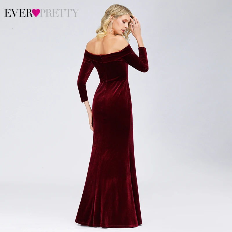 Burgundy Mermaid Evening Dresses Ever Pretty Off The Shoulder 3/4 Sleeve Sexy Autumn Winter Velour Formal Gowns Abendkleider