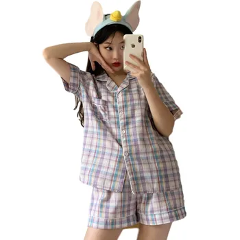 

2020 Plaid Short Sleeve Pajamas Set Home Clothes Boudoir Loose Casual Lovely Comfortable Summer New Style