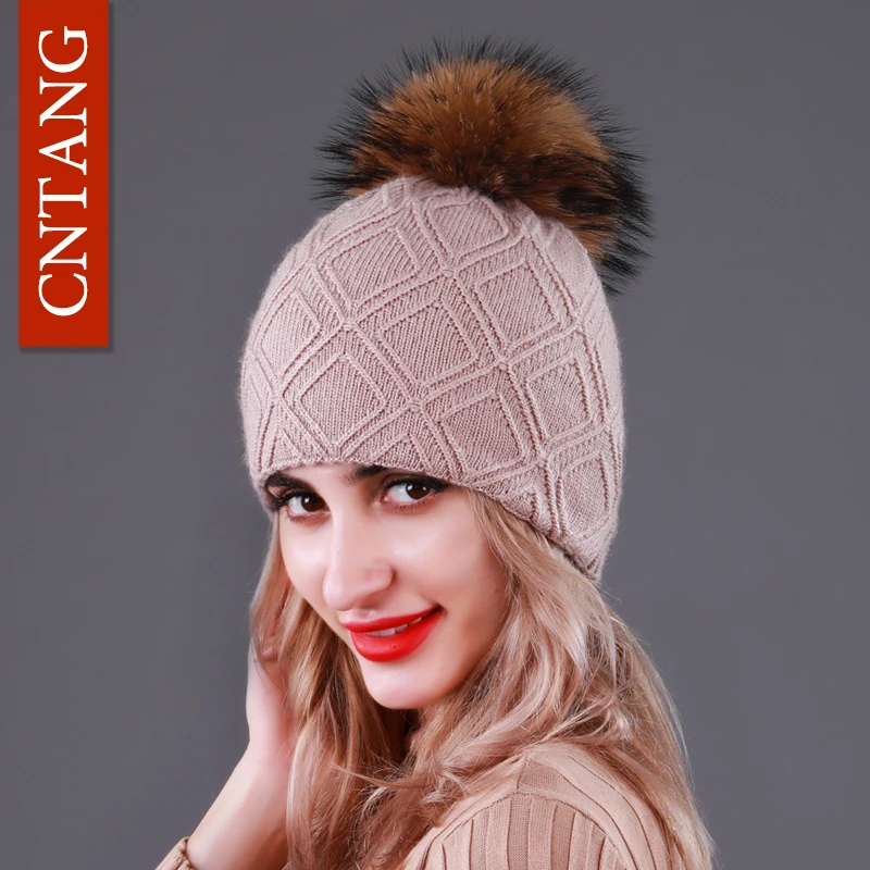 Multiple Styles Fashion Warm Hat Women Winter Beanies Natural Raccoon Fur Pompom Cap Wool Knitted Hats Women High Quality 4