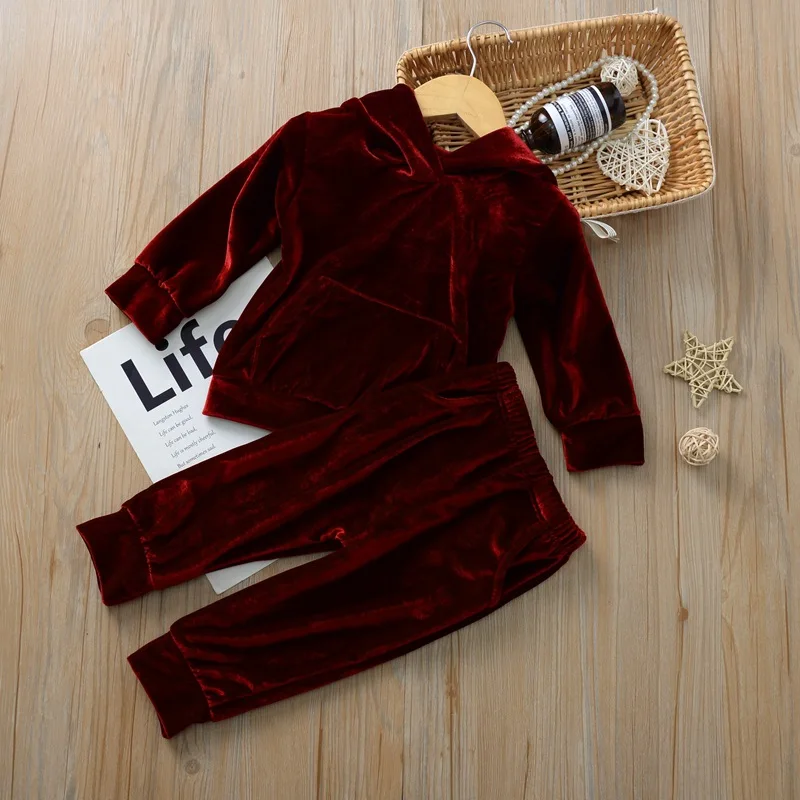 Kids Baby Girls Boys Soft Velvet Clothes Sets Spring Autumn Casual Solid 2Pcs Long Sleeve Hooded Tops + Pants Outfits Red Black | Детская
