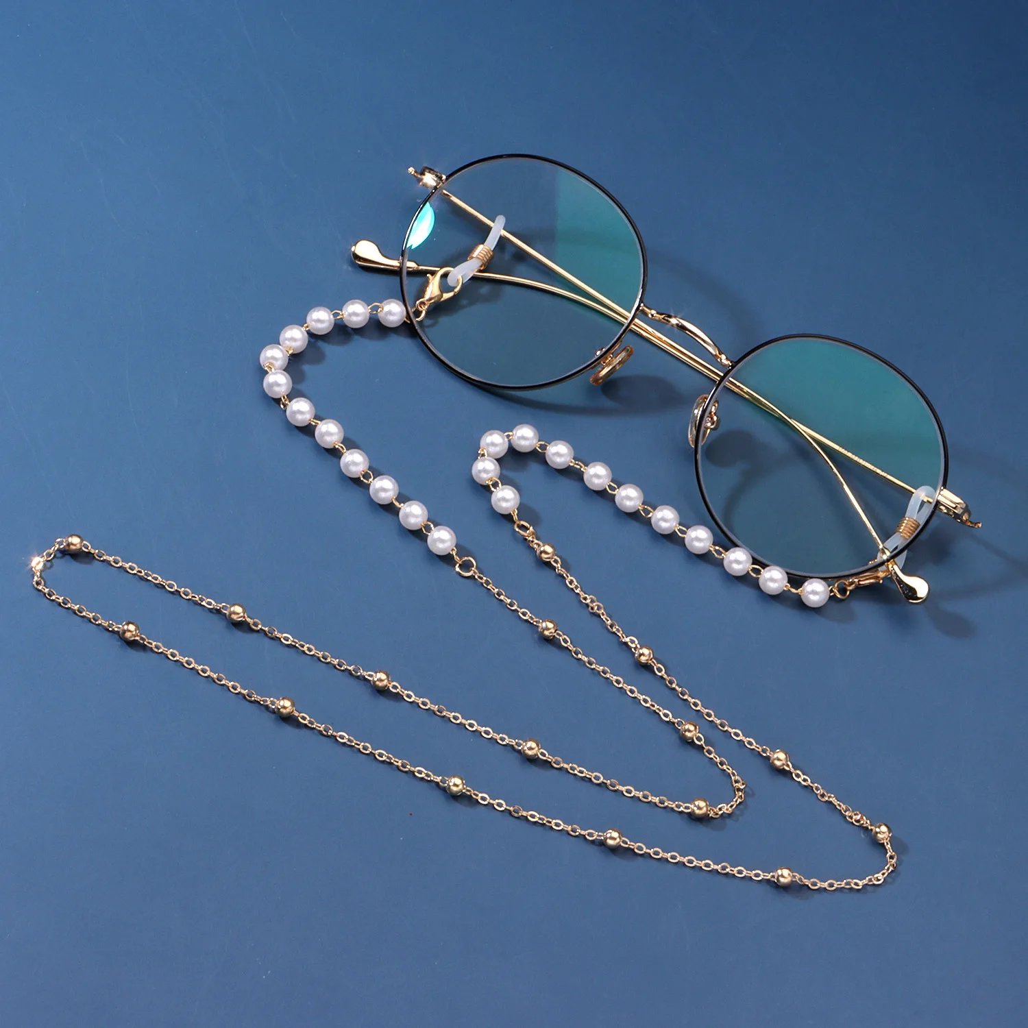 70cm Eyewear Halter Brillenkette Perlen Gold/Weiss