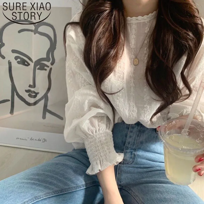 

2019 Fashion Women Lace Blouses Long Sleeve White Women Tops Casual O-neck Floral Women Clothing Sweet Style 6137 50