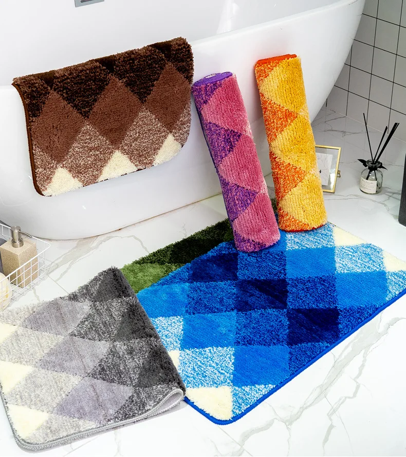 

Flocked Bath Mat Super Absorbent Bathroom Carpet Rug Plaid Pattern Bathtub Floor Mat Shower Room Doormat Toilet Bathroom Mat