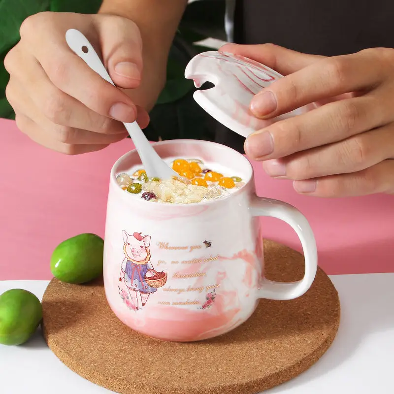New Ceramic Drinking Cup with Lid Spoon Piglet Cute Modern Minimalist Marble Pattern Couple Milk Mug Coffee Tumblers Grinch | Дом и сад