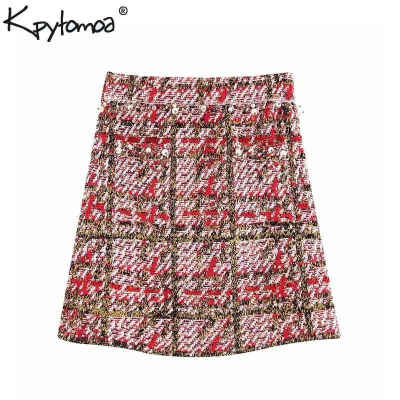 

Vintage Chic Faux Pearl Beading Plaid Mini Skirt Women 2019 Fashion A Line Pockets Ladies Skirts Stylish Faldas Mujer