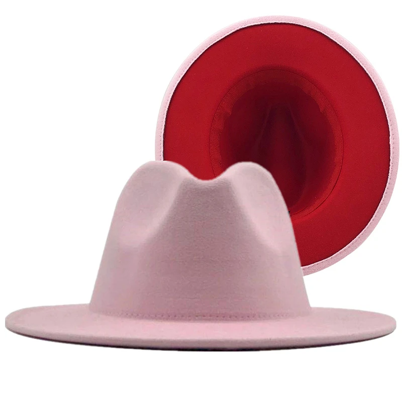 Simple pink red Patchwork Felt Hat Women Men Wide Brim Wool Jazz Fedora Hats Panama Trilby Cap Trend Gambler 57-60CM | Аксессуары для