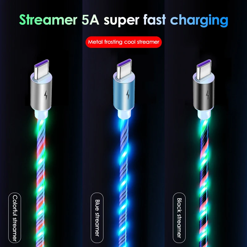 5А течет цветов LED Свечение USB зарядное устройство Тип C кабель для Android Micro
