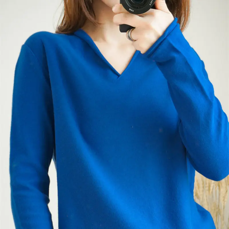 Smpevrg 19 100% cotton knitted sweater female pullovers V-neck long-sleeve women pullover female loose fashion jumper pull femme