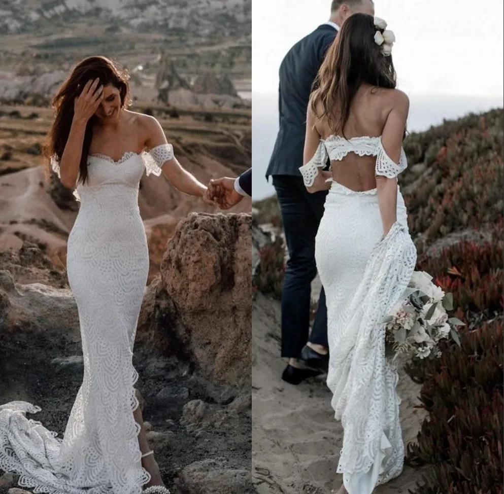 Elegant Bohemian Lace Wedding Dresses Backless Boho Slit Wedding Gowns Off  Shoulder Bridal Dress Plus Size Vestidos De Noiva - Wedding Dresses -  AliExpress